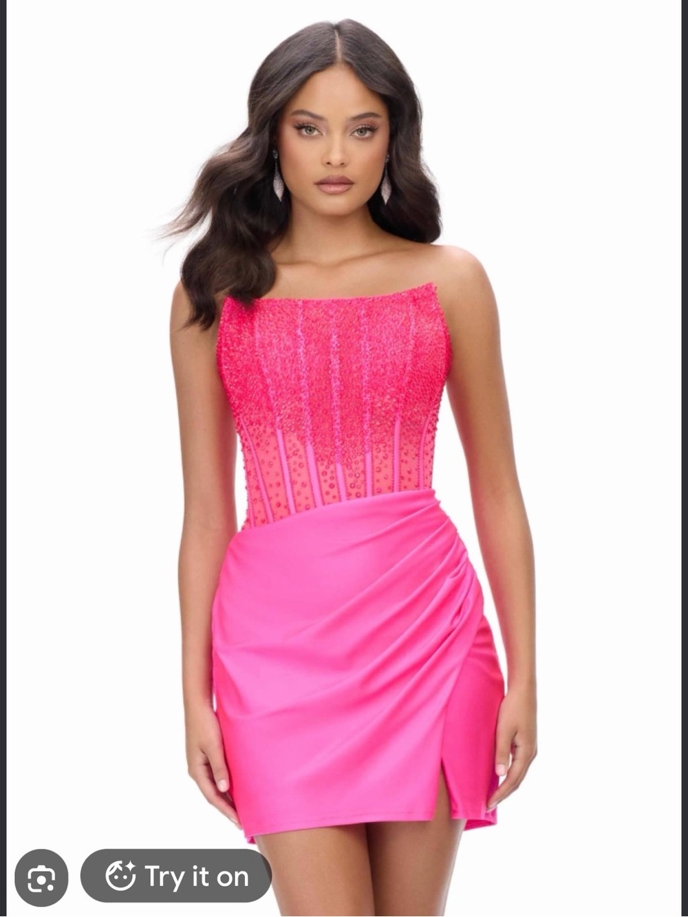 Ashely Lauren 4686 Strapless Hot Pink Beaded Mini Dress